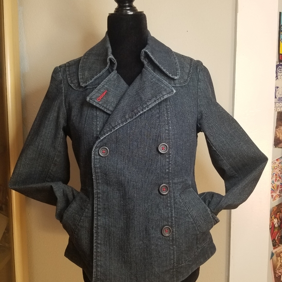 Loft Dark Wash Denim Double Breasted Peacoat - Picture 9 of 9